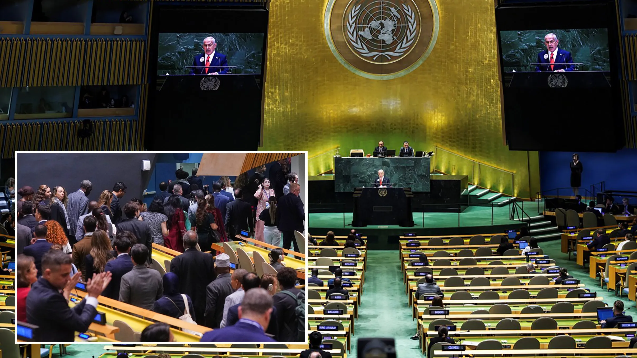 UN delegates walk out ahead of Netanyahu speech – the UK and US ‘stayed put’