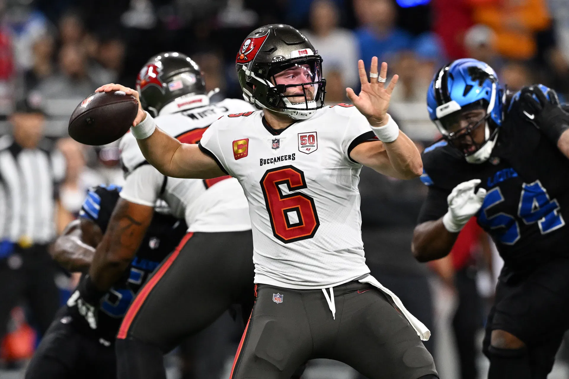 "This league is so rigged" "Terrible call": NFL fans slam referee for overturning Baker Mayfield's pass as Bucs trail 14-0 to Lions