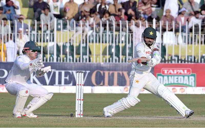 Pakistani batsman Babar Azam plays a shot during third day of the second Test match between Pakistan and South Africa at Rawalpindi Cricket Stadium