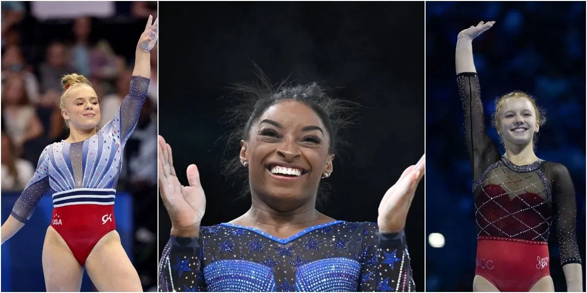 Simone Biles rallies in support of WCC teammates Joscelyn Roberson and Dulcy Caylor as they advance at the World Gymnastics Championships
