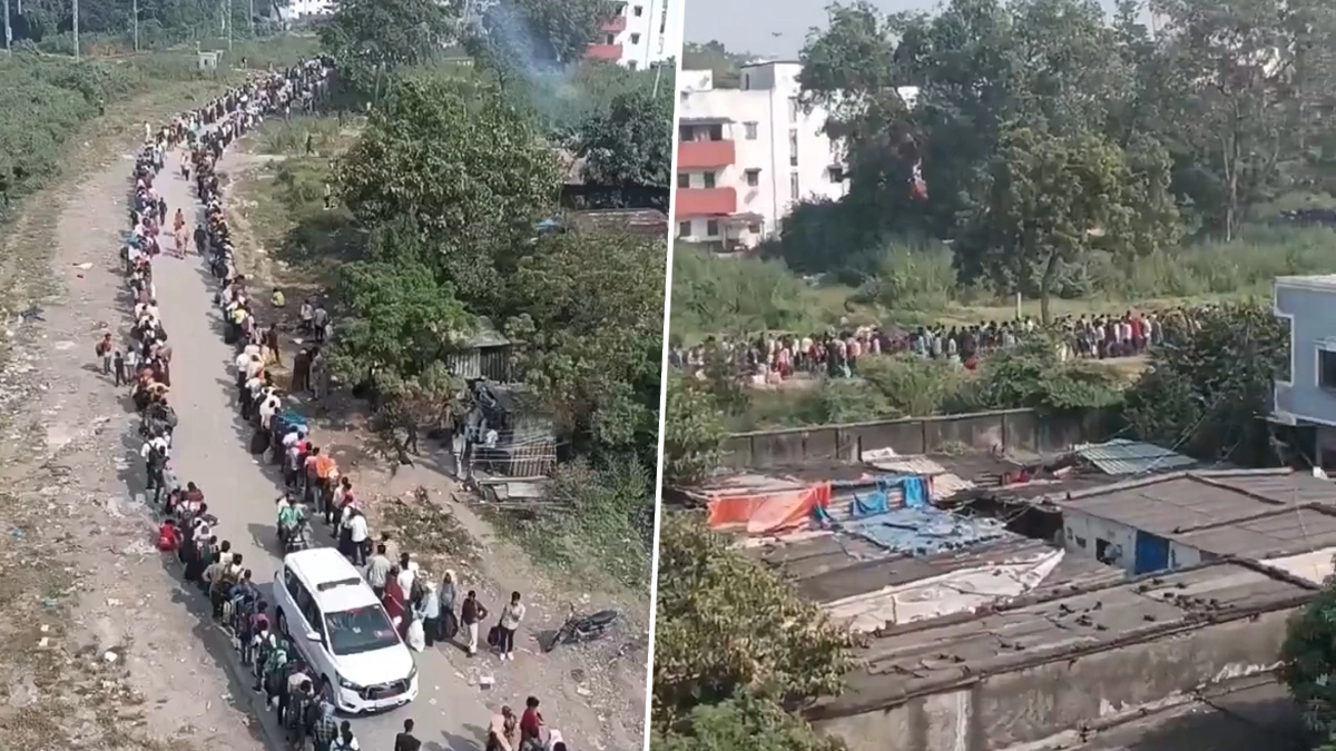Gujarat: Massive Festive Rush Seen at Udhna Railway Station in Surat As Passengers Stand in Long Queues to Board Trains To Reach Home for Diwali 2025 (Watch Video)