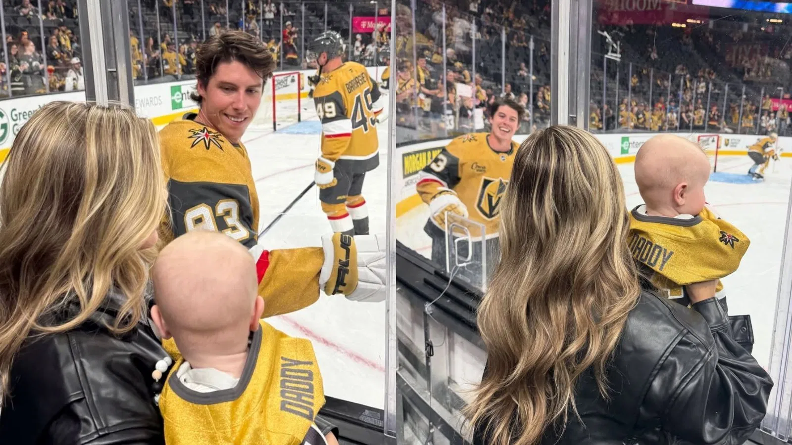 Mitch Marner shares adorable father-son moment across the glass with baby Miles in pre-season debut for Golden Knights 