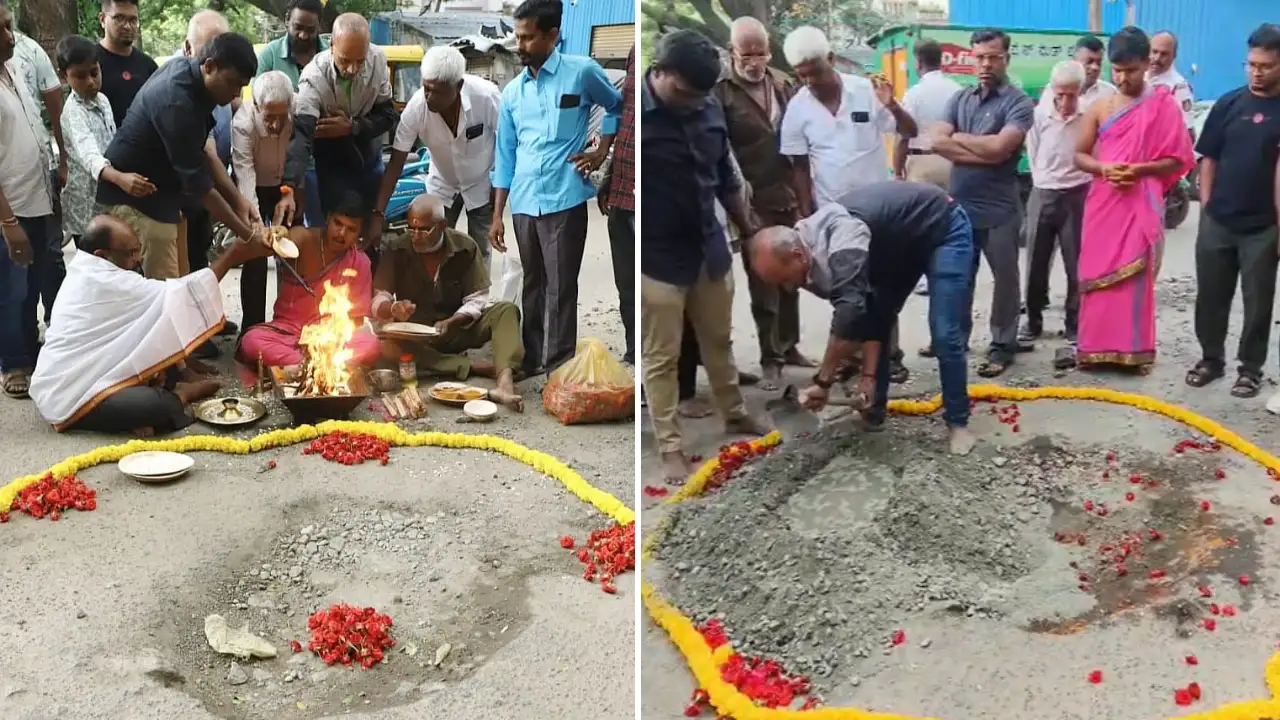 Pothole Puja in Bengaluru! Locals Turn To 'Pothole Gods', Protest Against Worsening Roads