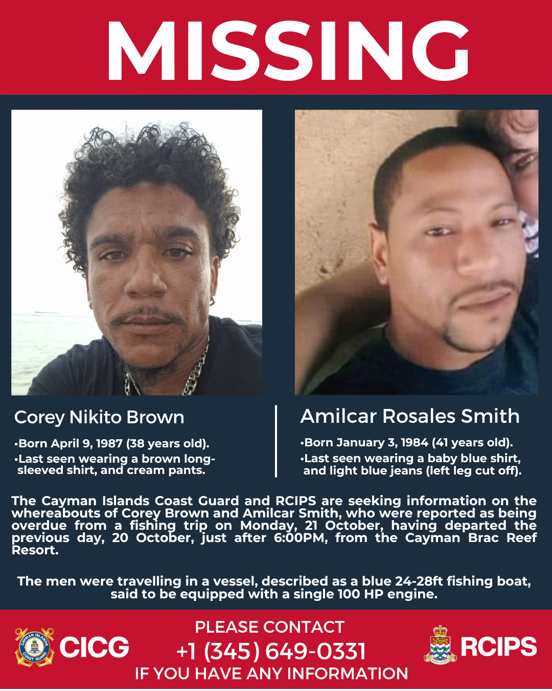 UPDATE: Status of Search and Rescue for Missing Fishermen, Corey Brown & Amilcar Smith
