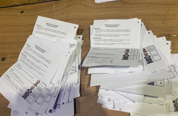 Spoiled votes emerge from boxes in large numbers, with many referencing alternative candidates
