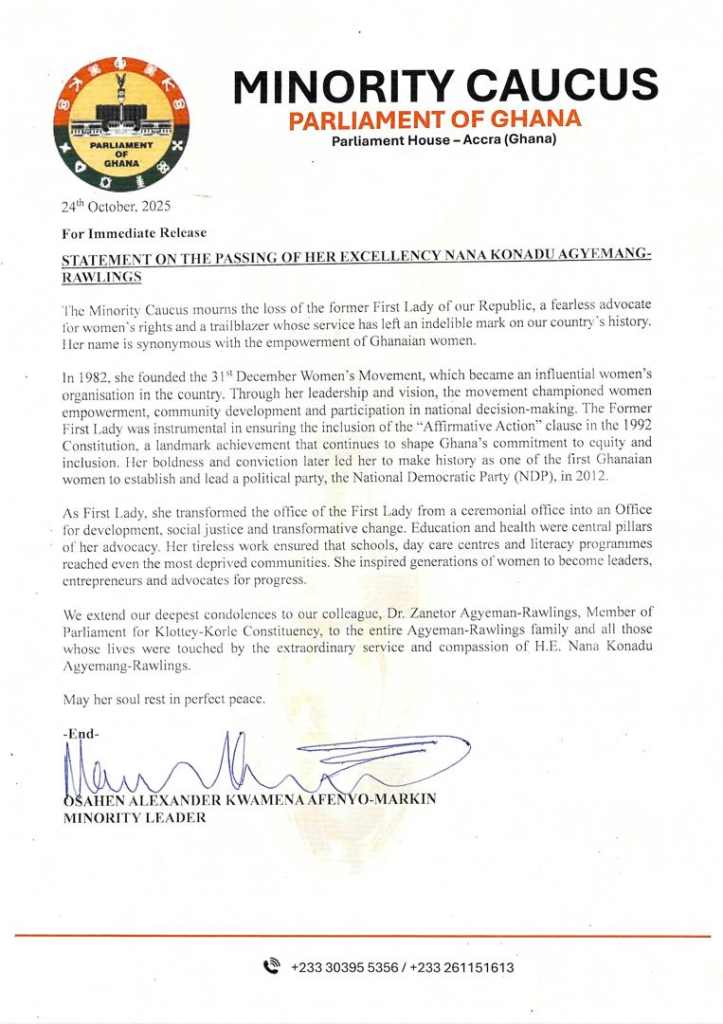 Minority Caucus mourns former First Lady Nana Konadu Agyeman-Rawlings
