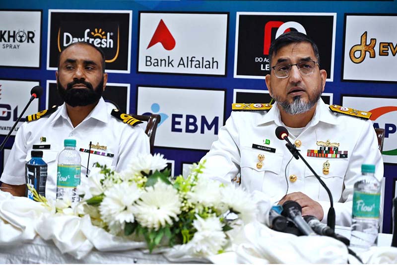 Tournament Director Commodore Mudassar Khurshid SI(M) addressing a press briefing regarding 3rd CNS all Pakistan squash championship 2025 at Pakistan Navy (PN) Roshan Khan Jahangir Khan Squash Complex
