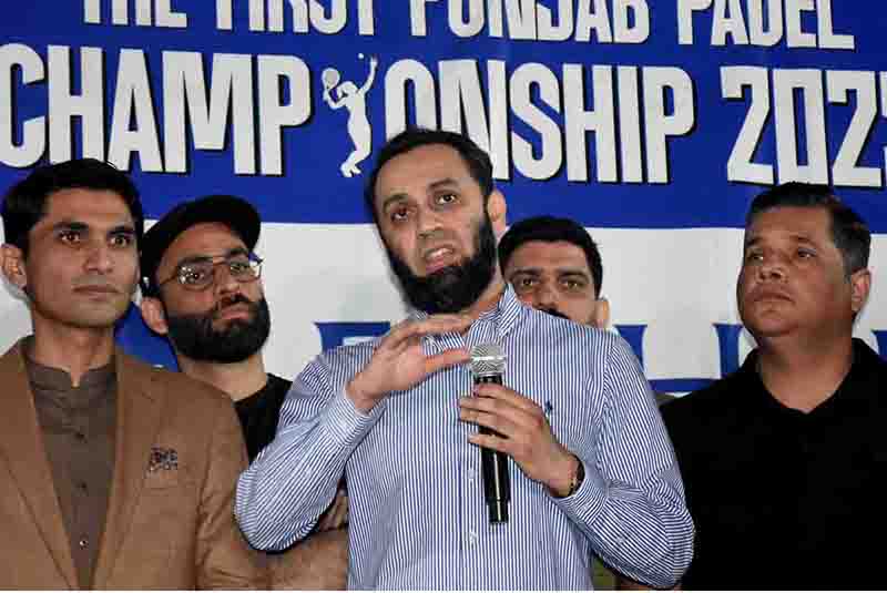Federal Minister for Information and Broadcasting, Attaullah Tarar, addressing participants during the closing ceremony of the First Punjab Padel Championship 2025, organized by the Punjab Padel Association at the Fifth Generation Sports Complex