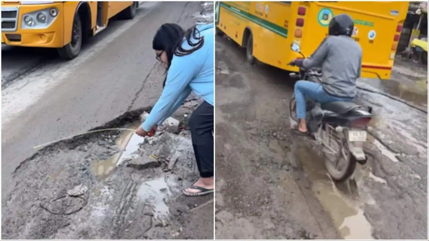 'Most dangerous road on planet': Bengaluru woman records 117-inch-long pothole