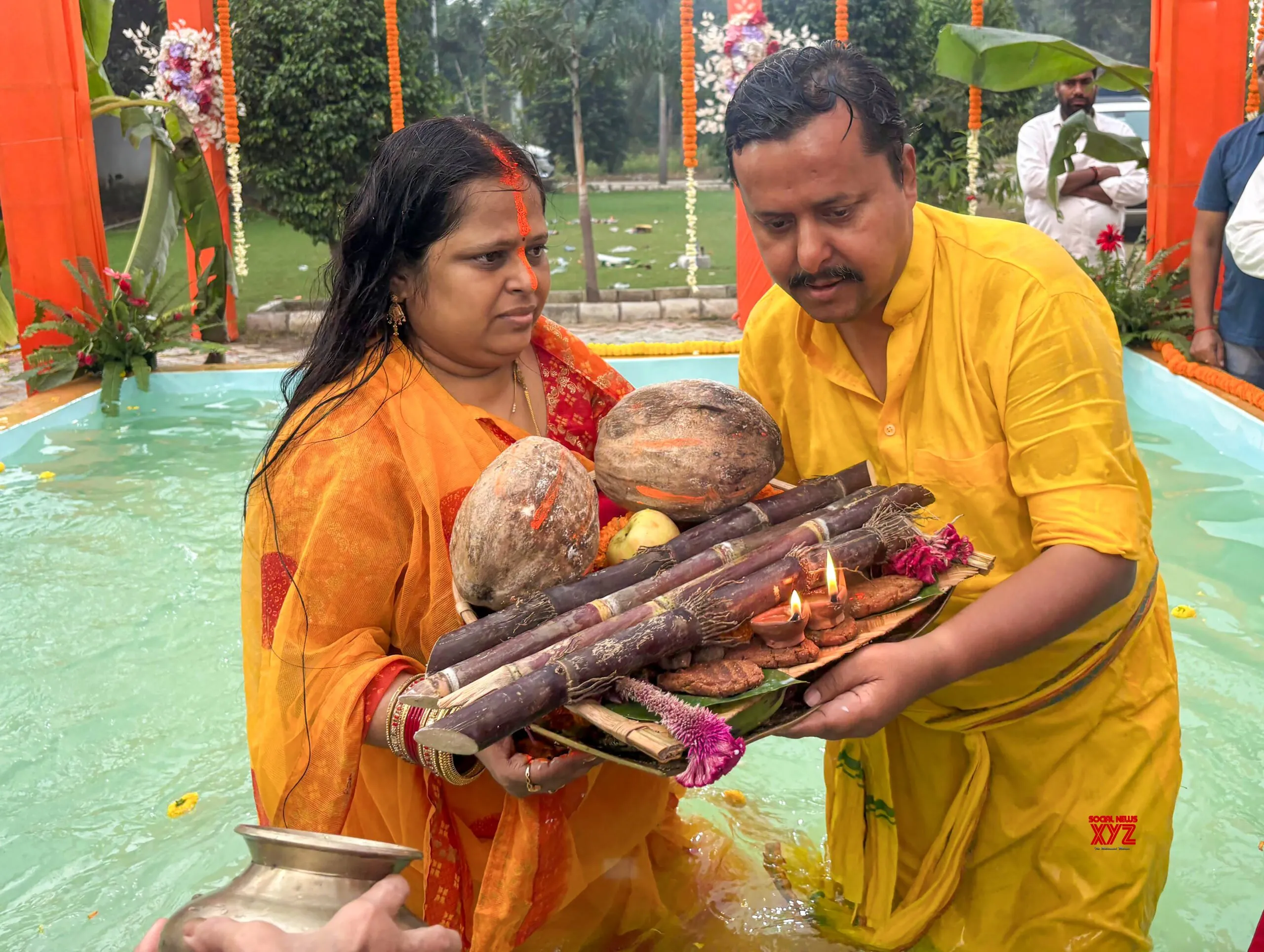 Patna: Nitin Nabin performs ritual during Chhath Puja #Gallery