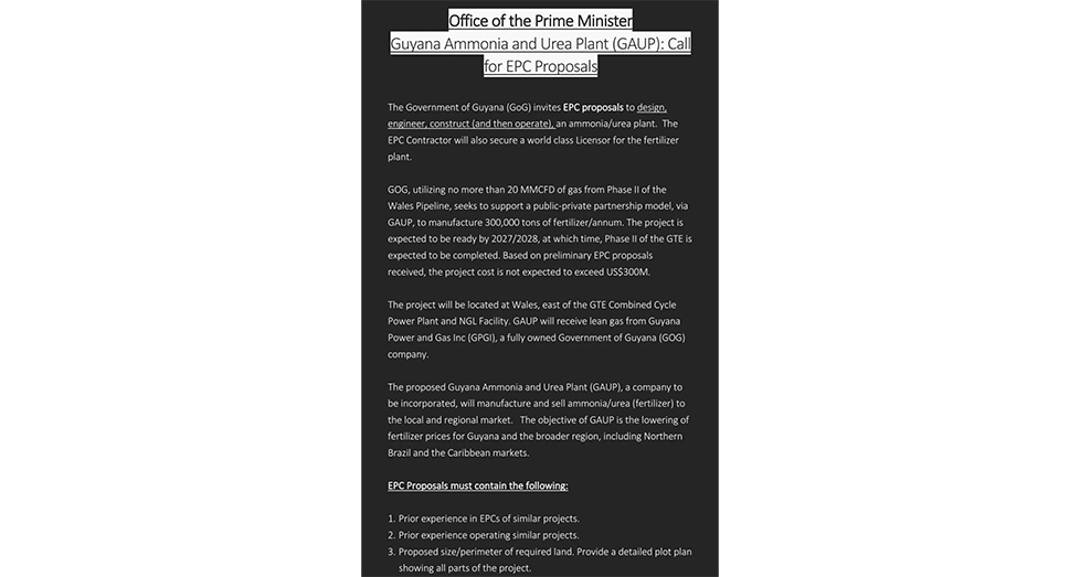 Gov’t invites proposals for US$300M ammonia, urea plant at Wales