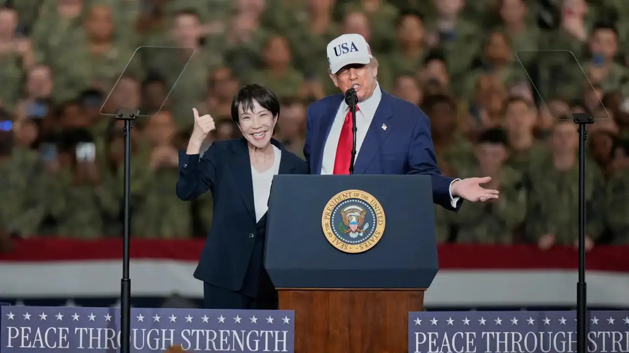 Watch: Japan’s PM Sanae Takaichi jumps in excitement on stage as Trump introduces her in Tokyo