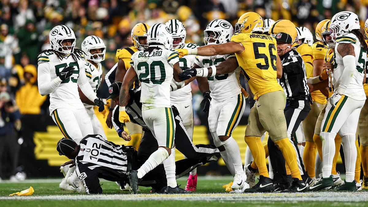 NFL referee wiped out in wild mass on-field brawl as Aaron Rodgers' Packers homecoming turns heated
