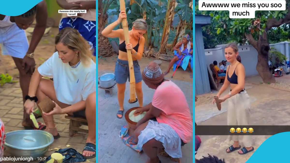 "Eka aba fie": Obroni woman learns Ghanaian cooking, pounds fufu in trending video