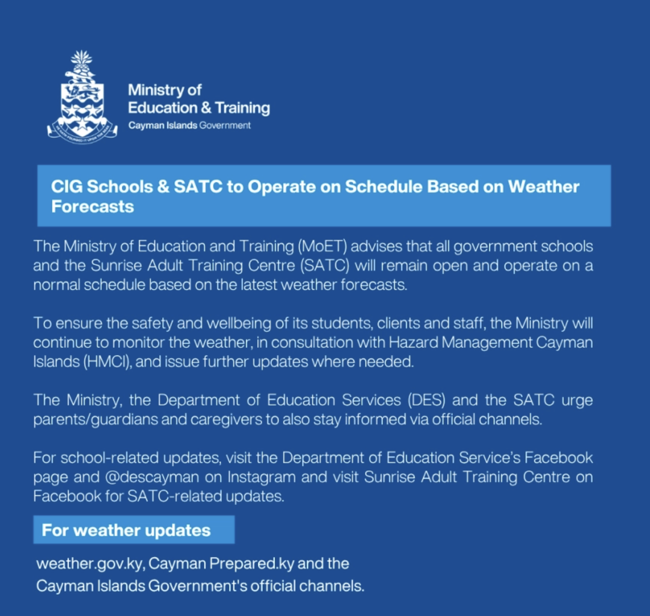 Cayman: CIG Schools & SATC to Operate on Schedule Based on Weather Forecasts