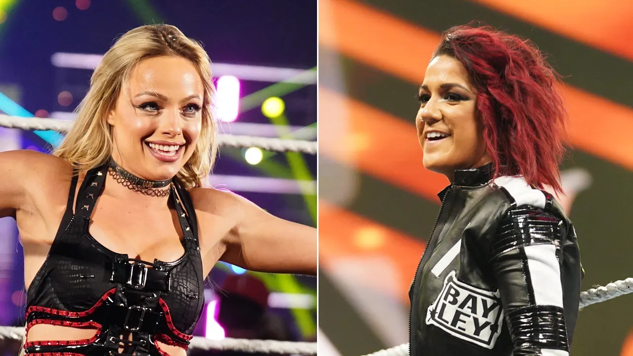 Pro wrestler Natalya Neidhart gives fellow WWE stars Liv Morgan and Bayley their flowers