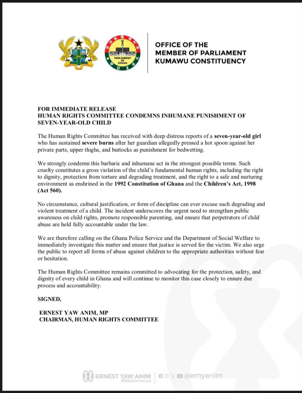 Health committee condemns burning of 7-year-old girl over bedwetting