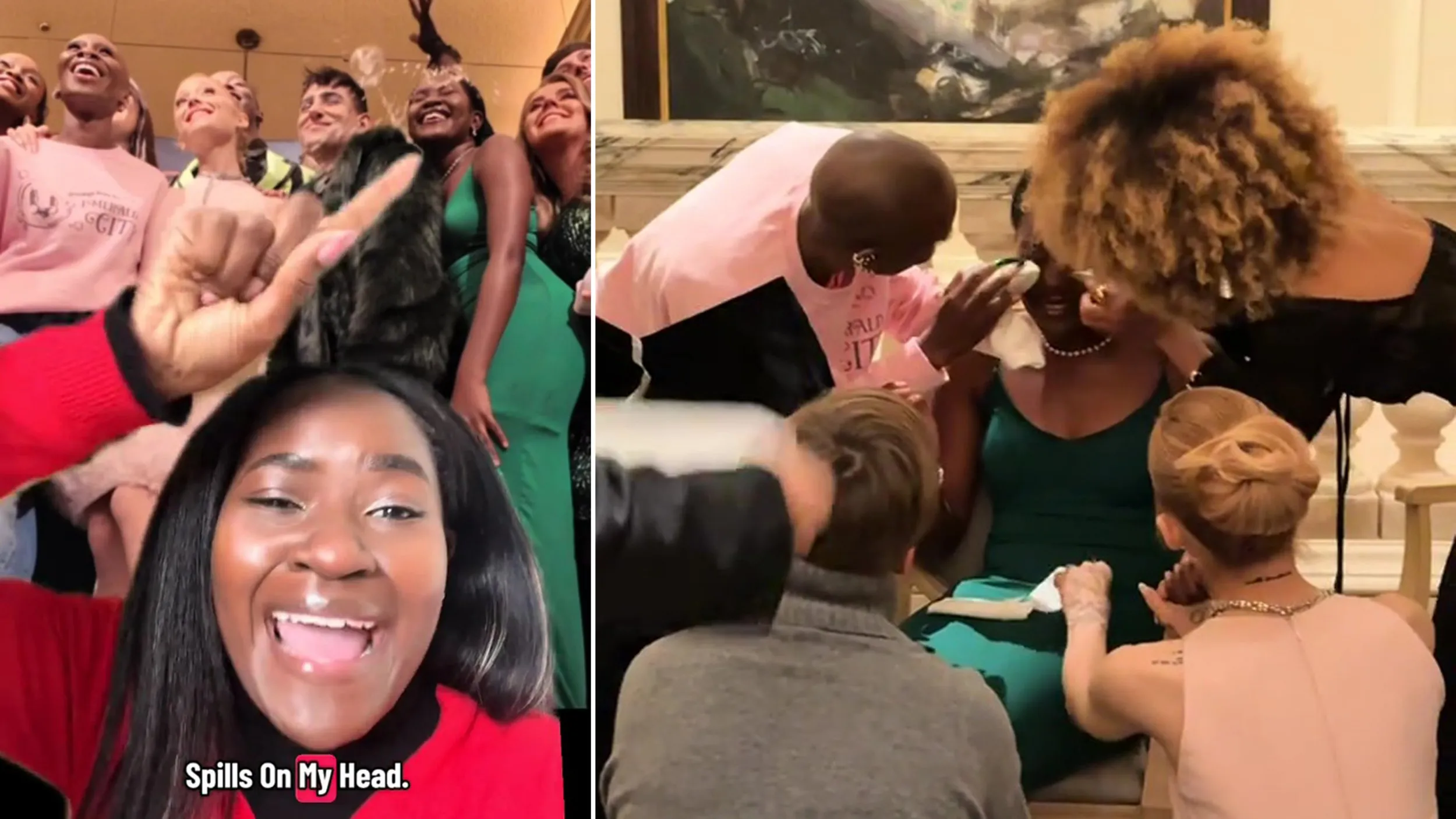 Cynthia Erivo and Ariana Grande rush to mop champagne off embarrassed fan in dramatic moment