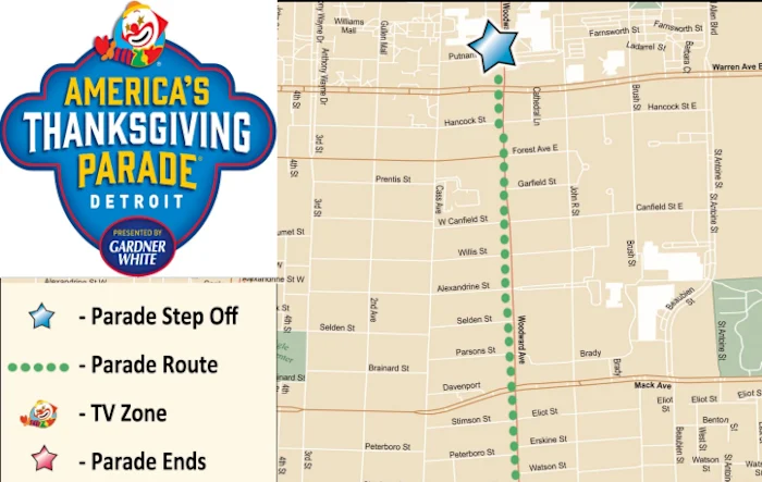Map of route for 2025 America’s Thanksgiving Parade, presented by Gardner White