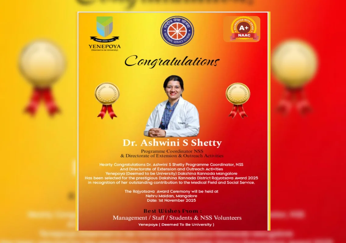 Yenepoya University’s Dr Ashwini S Shetty honoured with Dakshina Kannada District Rajyotsava Award 2025