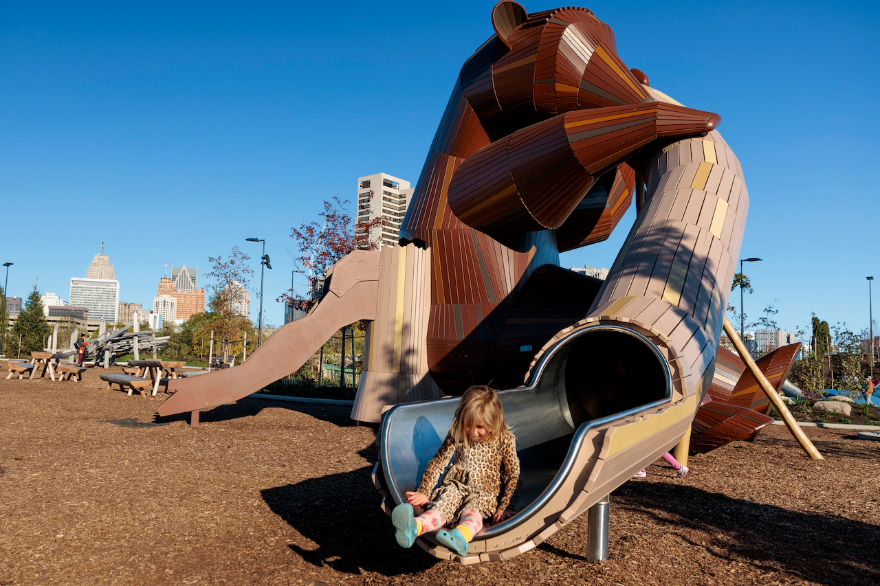 Detroit’s newest park features covered courts, a serene pond and a giant bear slide