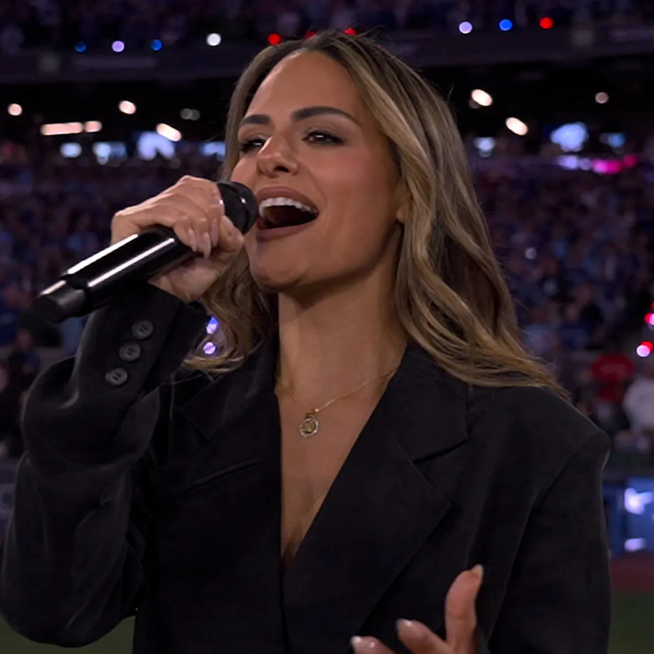 Pia Toscano and Noah Reid perform National Anthems  ahead of World Series Game 7