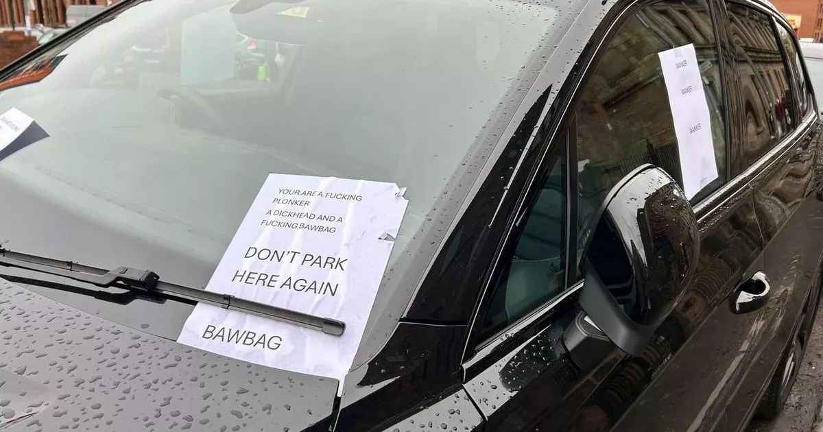 Glasgow driver plasters poorly parked car with 'bawbag' notes
