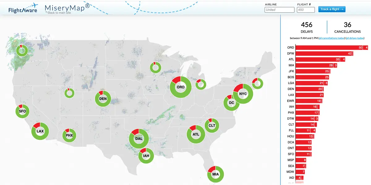 'Misery Map' Shows US Airport Flight Delays and Cancellations