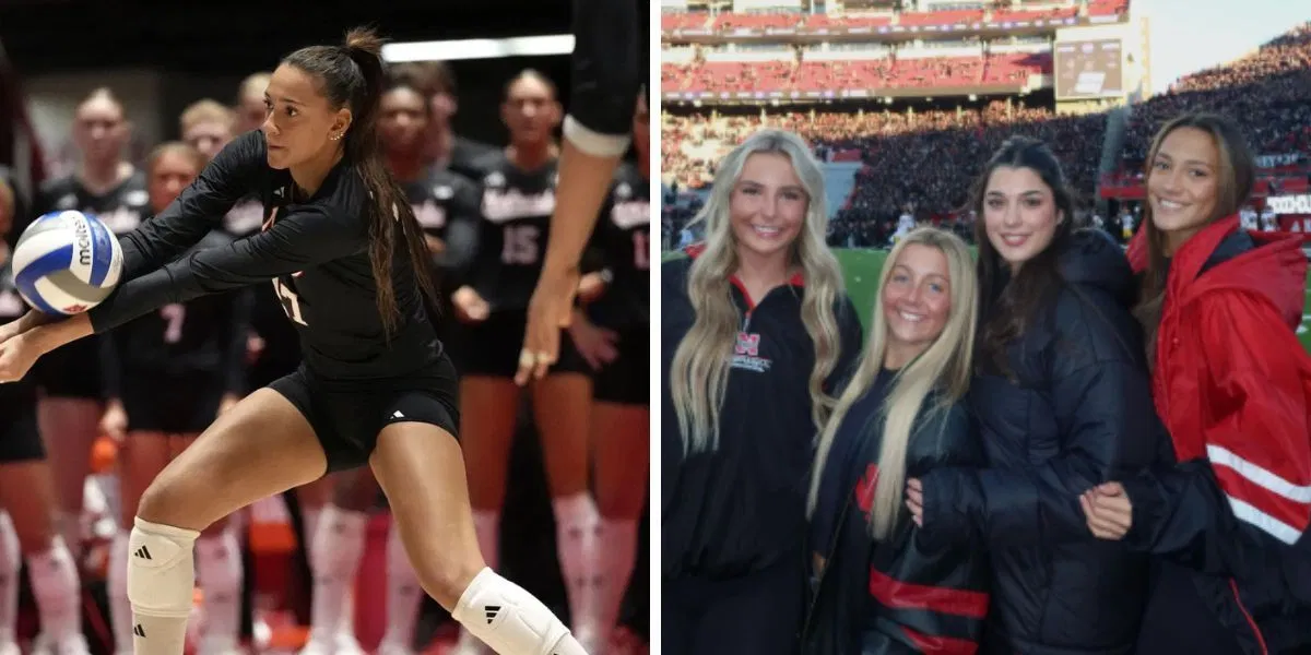 Allie Sczech, Kenna Cogill, and other Nebraska volleyball players react as Harper Murray shares highlights during Huskers' blackout