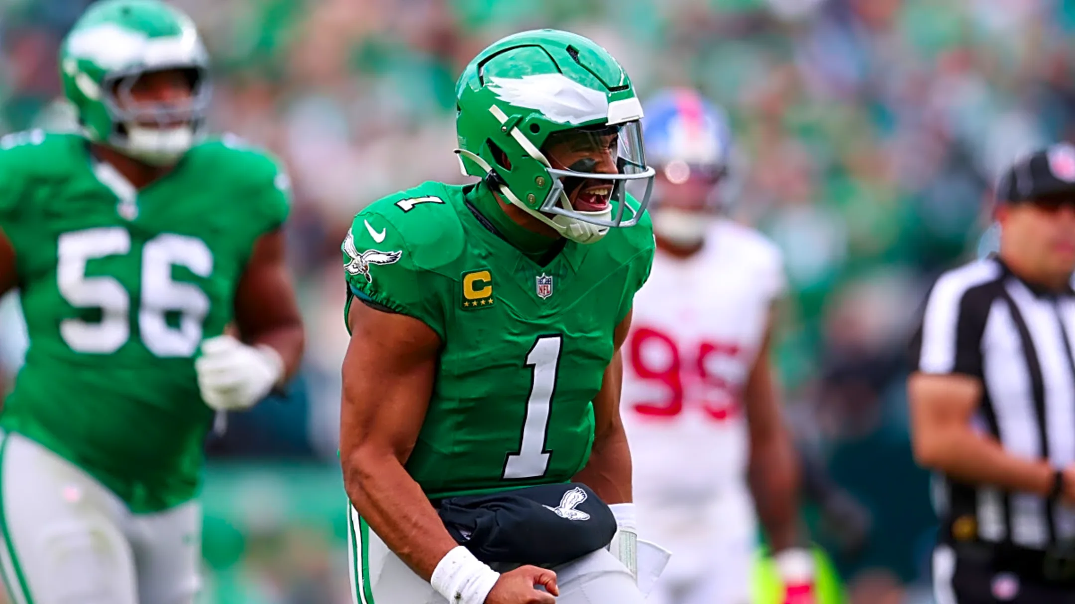 Jalen Hurts hands OC Kevin Patullo a compliment after dominating Week 8 win