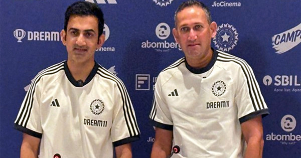 Gambhir, Agarkar converse on sidelines during India's training session before T20I series against Australia