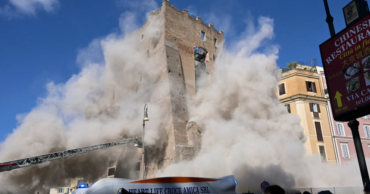 Medieval tower partially collapses in Rome critically injuring worker and trapping another