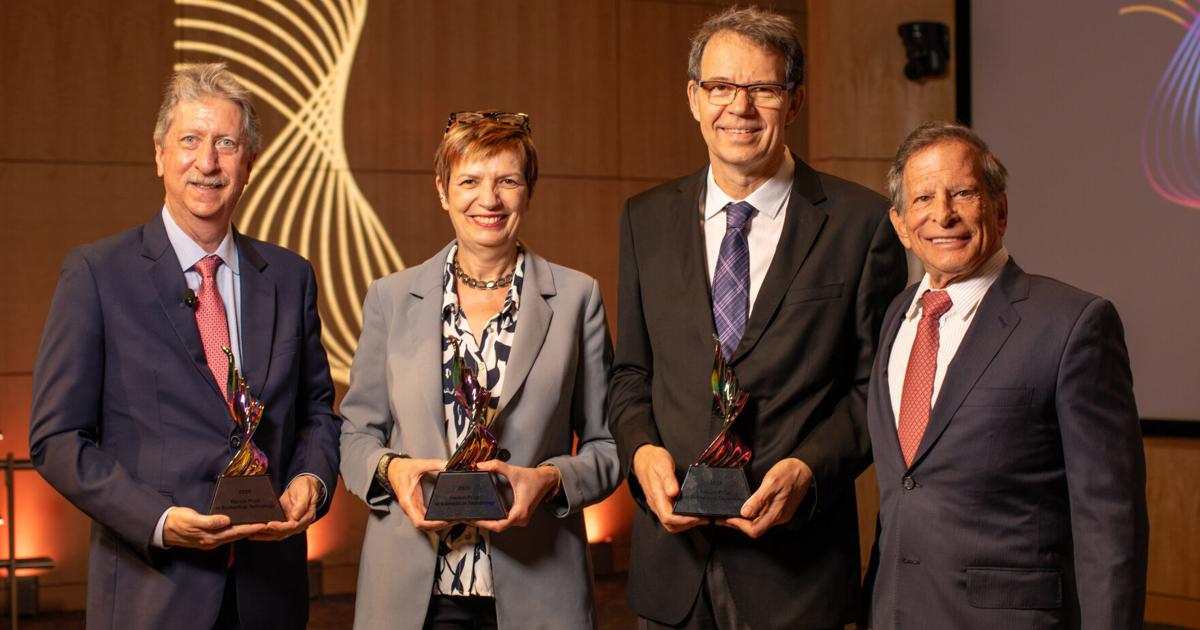 Carl June, Bruce Levine, Isabelle Rivière, and Michel Sadelain receive the 2025 Merkin Prize at the Broad Institute for chimeric antigen receptor (CAR) T-cell therapy