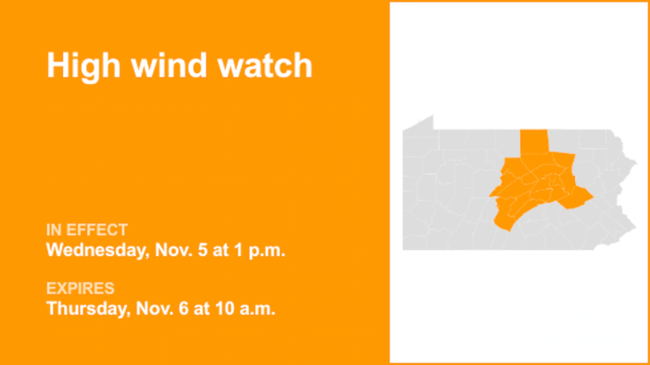 High wind watch in place for Central Pa. for Wednesday and Thursday - wind gusts reaching 60 mph