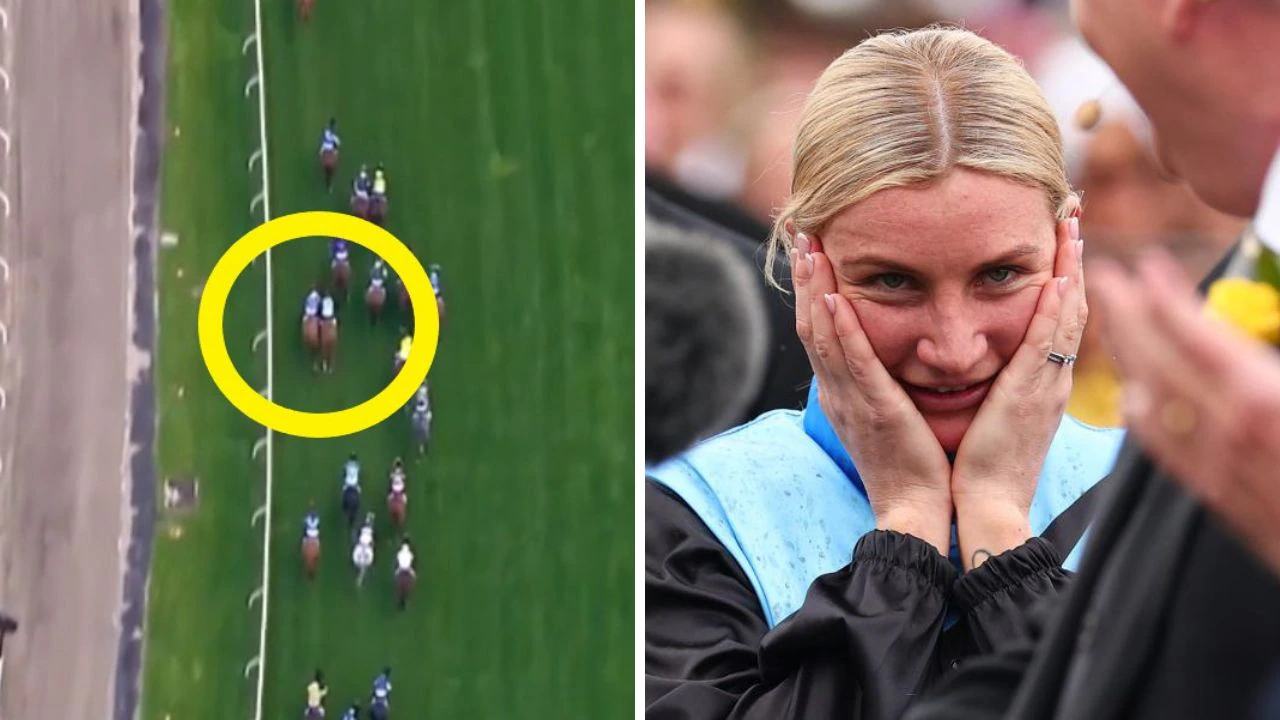 ‘Move over Ben’: Moment Jamie Melham pushes husband out of the way to win Melbourne Cup