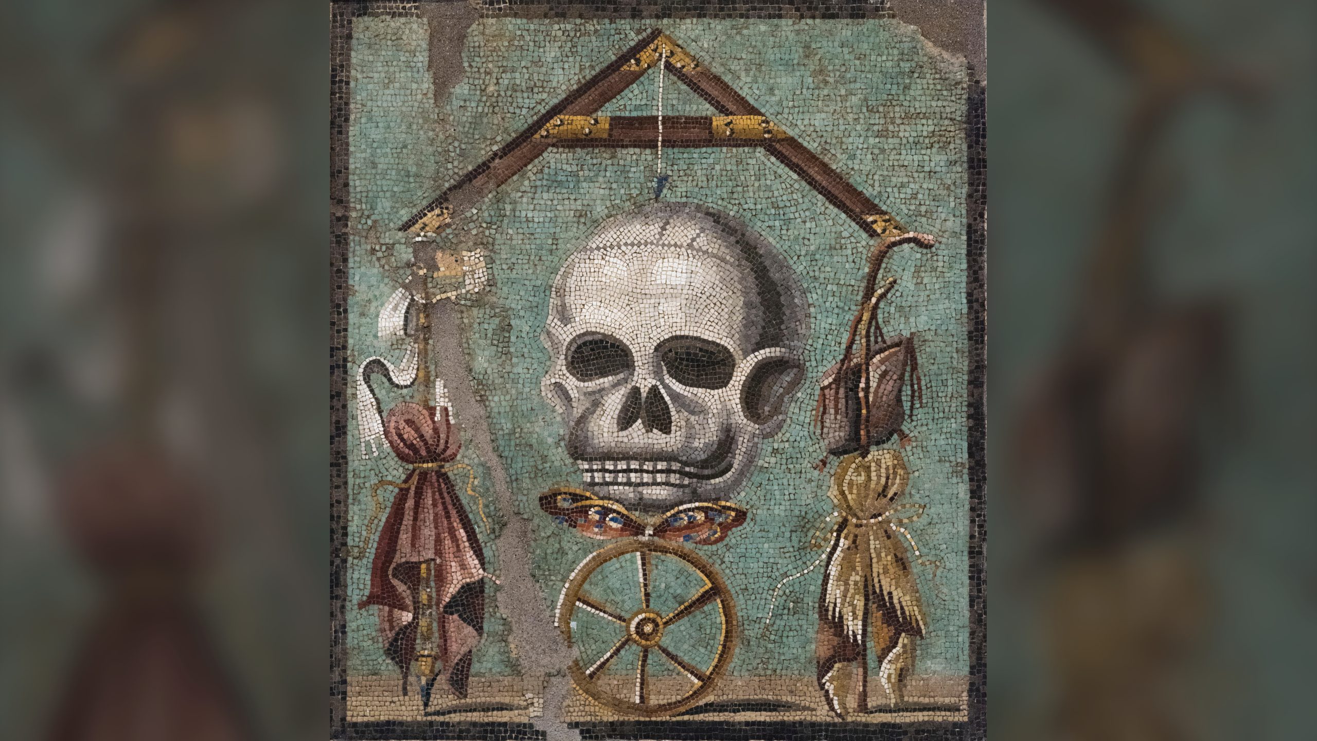 Memento Mori: A mosaic that predates Mount Vesuvius' eruption in Pompeii and reminds us that we will all die