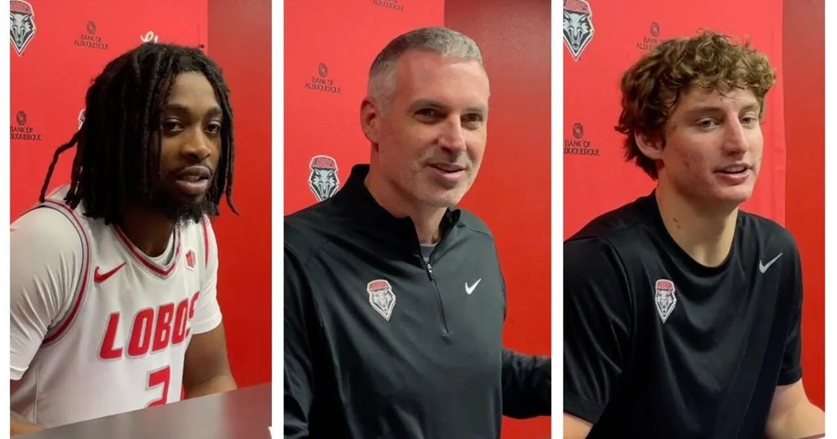 UNM Lobo coach Eric Olen, Tajavis Miller and Jake Hall after season opening win in the Pit (11/5/25)