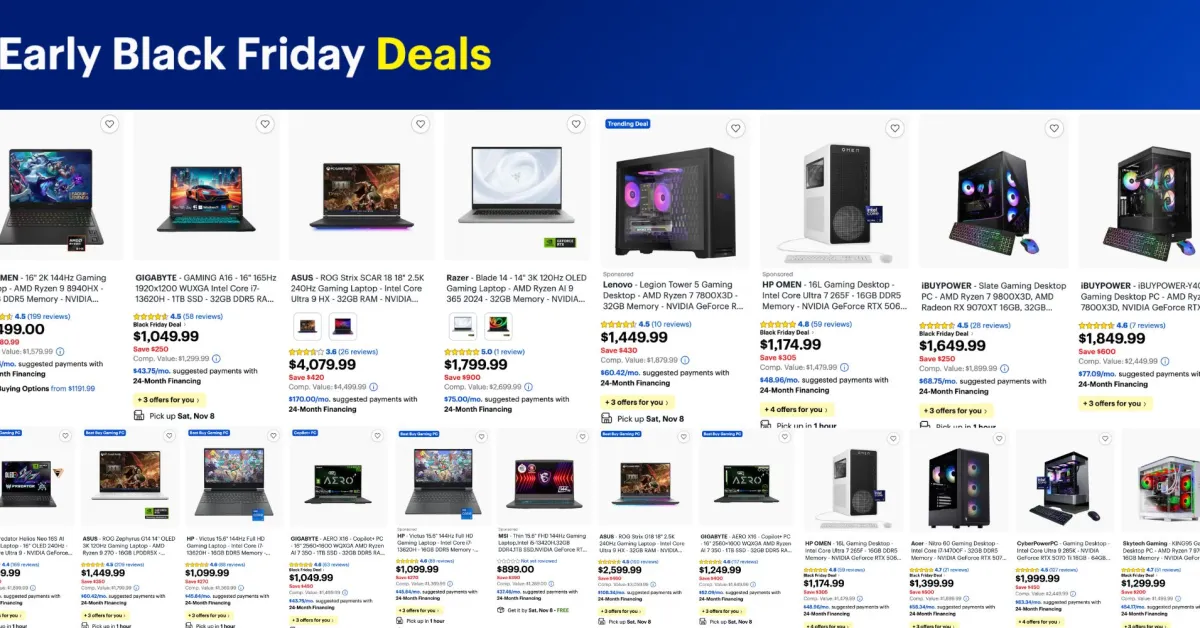 Best Buy’s early Black Friday sale delivers up to $900 off RTX 50-series gaming laptops and desktops, deals from $229