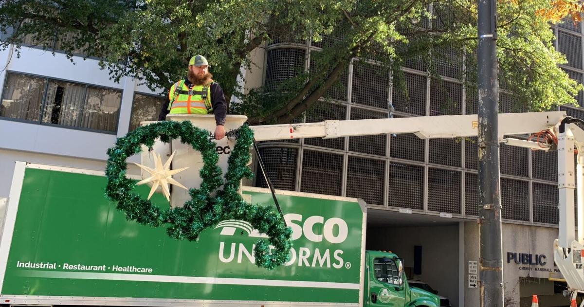 Christmas decorations going up in Winston-Salem NC