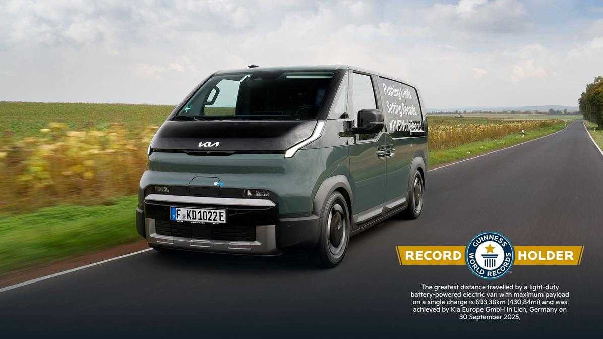 The Kia PV5 Cargo sets a GUINNESS WORLD RECORDS™ title: 693.38 kilometers on a single charge with maximum payload