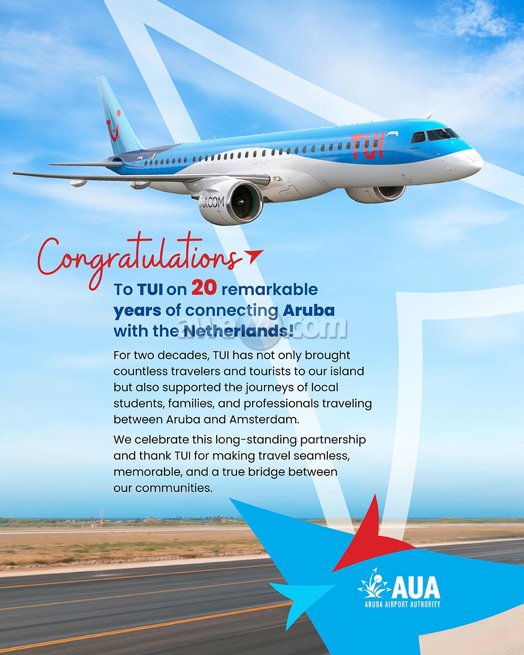 TUI fly ta celebra 20 aña di servicio Amsterdam–Aruba cu un vuelo di celebracion   