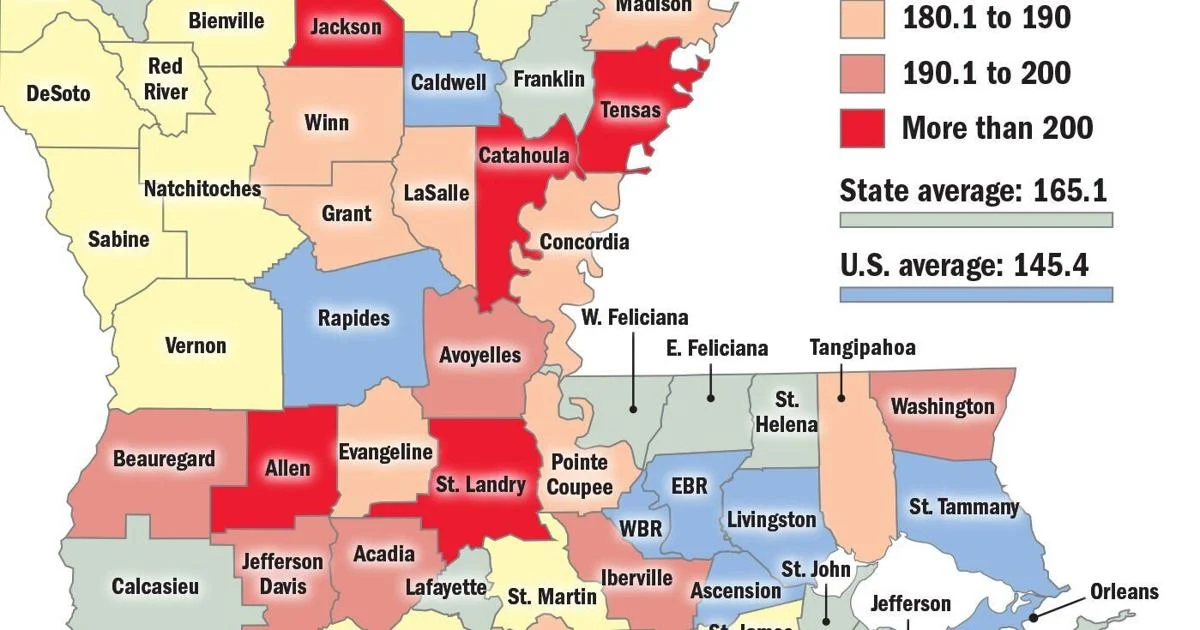 Louisiana data on cancer death rates in each parish