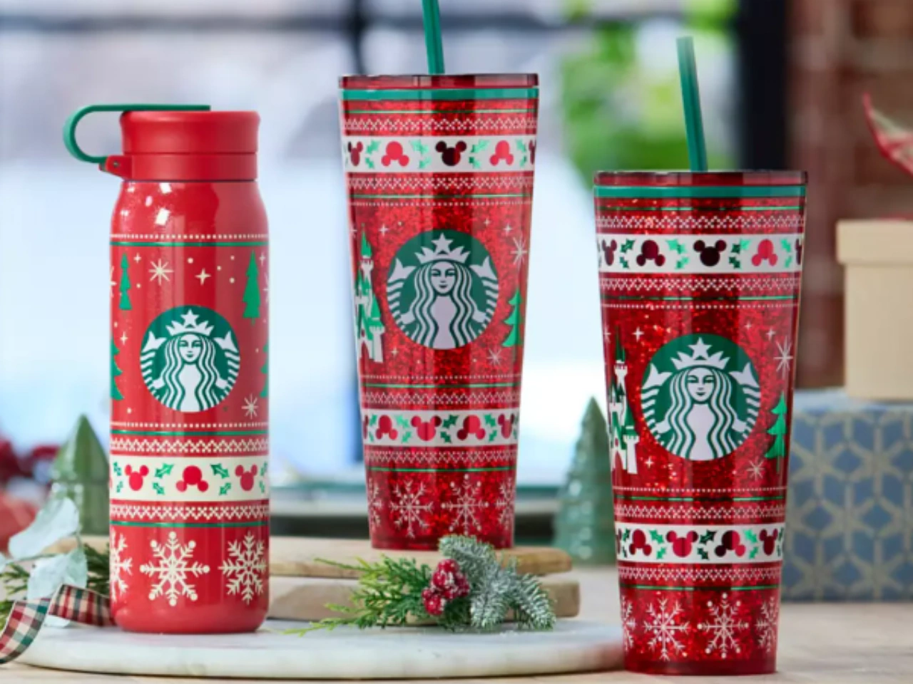 Disney Starbucks Holiday Fair Isle tumblers launch in three designs, including a water bottle