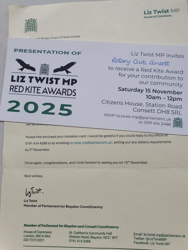 Rotary Consett Honoured at Red Kite Awards for Community Commitment