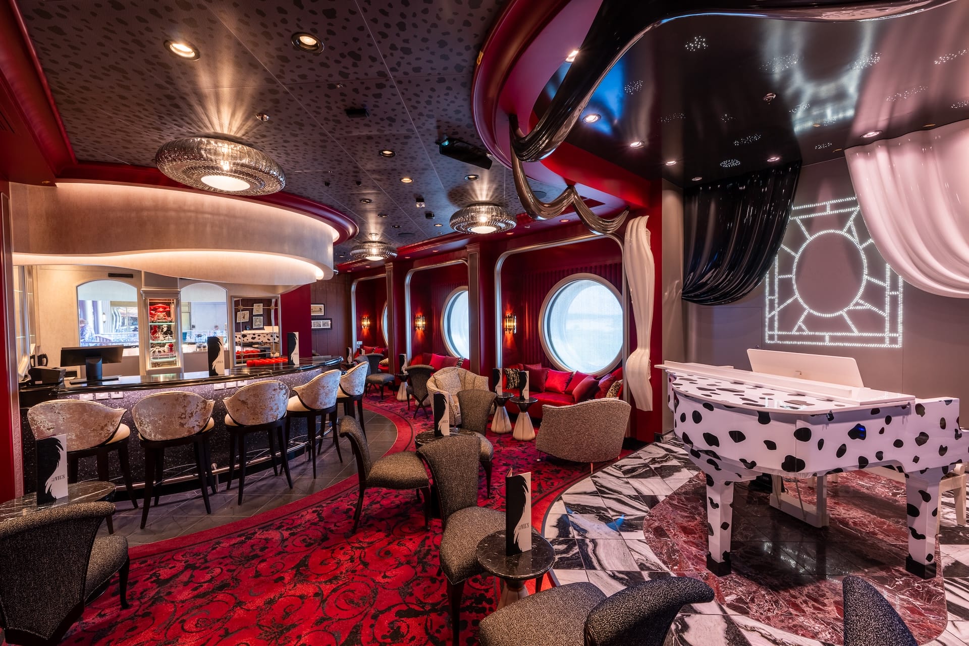 FIRST LOOK: De Vil’s Piano Lounge on the Disney Destiny