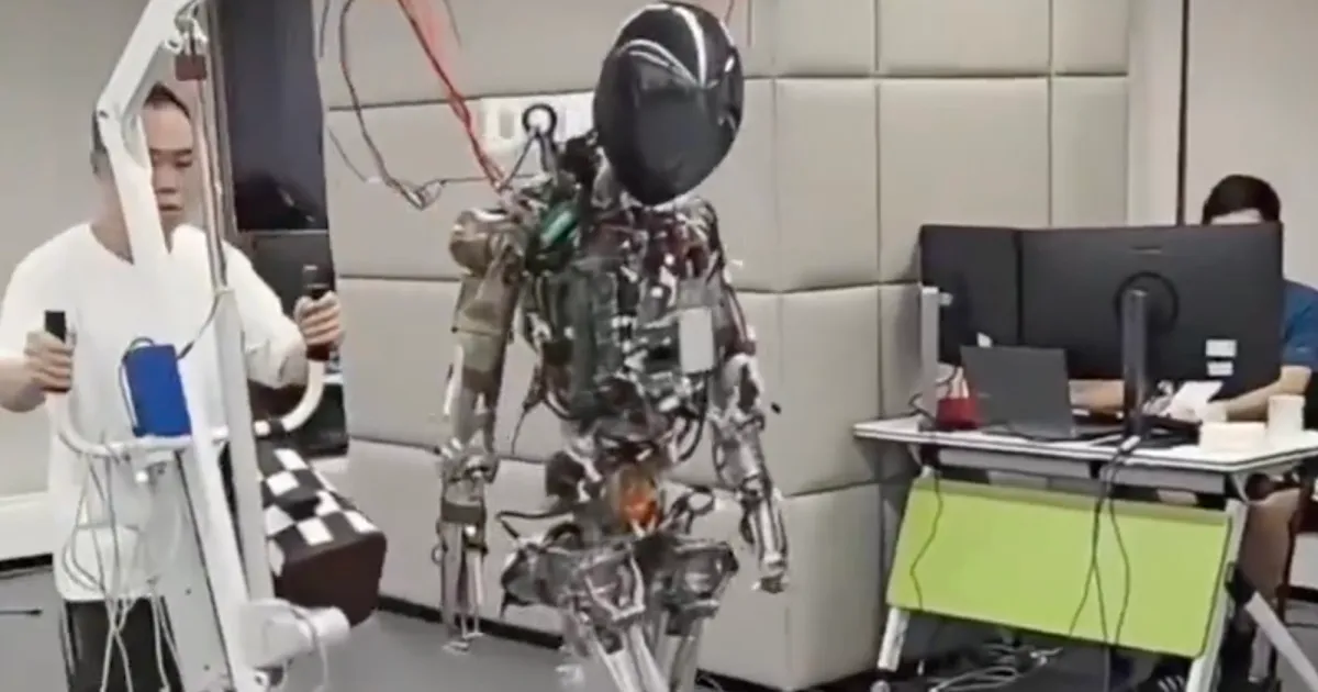Humanoid robot stripped down to expose its high-tech inner frame