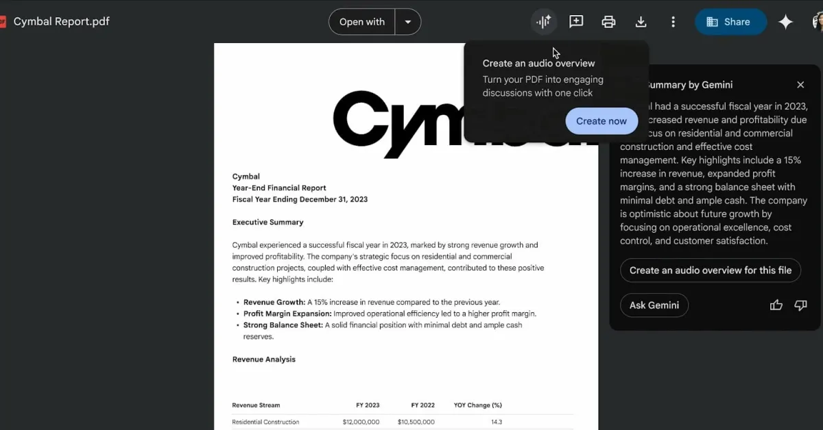 Gemini in Google Drive can now make Audio Overviews of PDFs