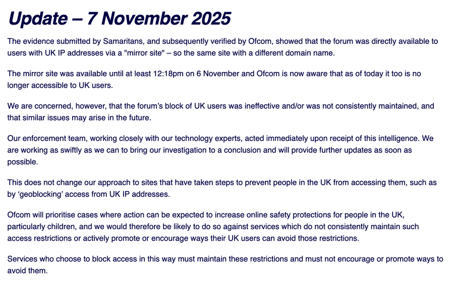 IP blocking the UK is not enough to comply with the Online Safety Act